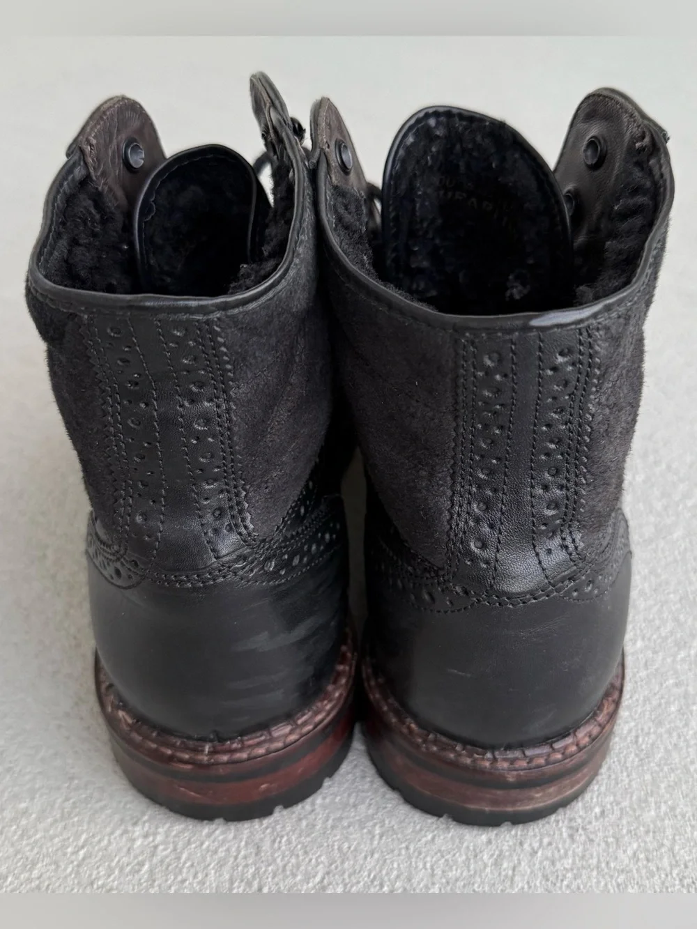 Johnston & Murphy Jennings Shearling Boots 10.5 M Black Leather Wing Tip Brazil